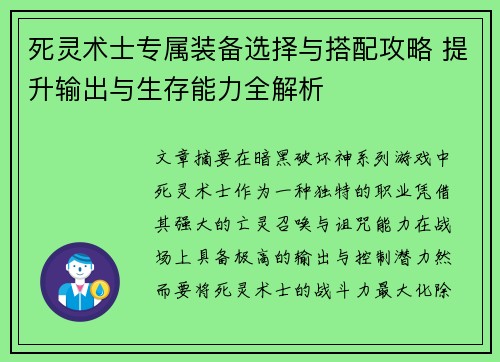 死灵术士专属装备选择与搭配攻略 提升输出与生存能力全解析